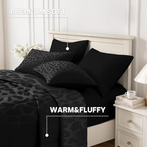 Nesker 7 Pcs Comforter Set King Size, Leopard Print Wild Animal Bedding Set for Kids and Adults, Black Grey African Cheetah Wildlife Bed Sheet Sets with Fitted Sheet 2 Pillowcases & 2 Shams Nesker