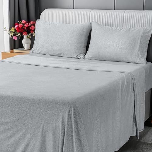 Utopia Bedding King Sheet Set - Jersey Knit Sheets 4 Piece – Cotton – Soft T-Shirt Stretchy Sheets (King, Heather Light Grey) Utopia Bedding