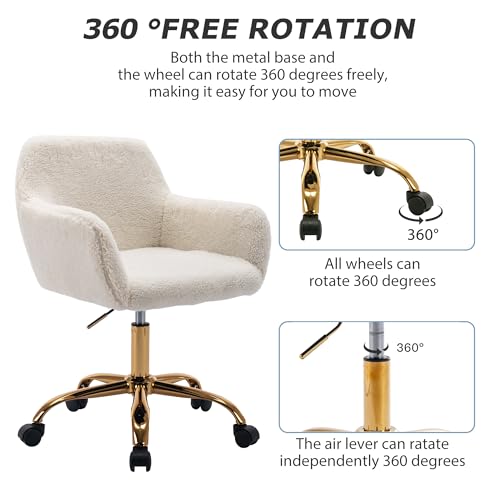 KCC Faux Fur Office Desk Chair, Comfy Swivel Armchair with Wheels, Upholstered Fuzzy Vanity Chair, Adjustable Height, White KCC