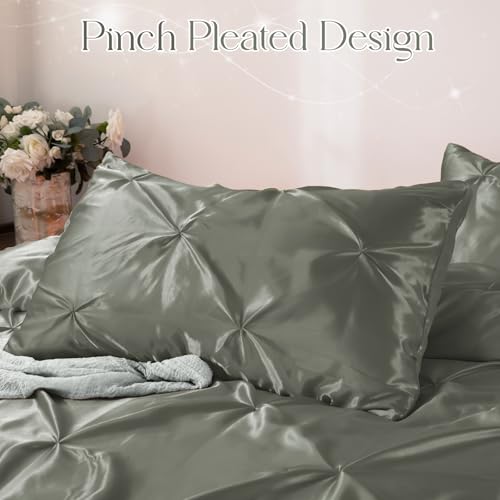 Heywaller 5-Piece Pinch Pleat Duvet Cover Set, Pintuck Duvet Cover Full Size with Zipper, Gray Satin Duvet Cover Shabby Chic Bedding (2 Pillow Shams + 2 Pillowcases), No Comforter Heywaller