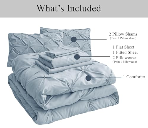LANE LINEN Twin Comforter Set - 5 Piece - Elegant Pintuck Stitch Design Bedding - with 1 Comforter, 1 Pillowcase, 1 Sham, 1 Flat & 14" Fitted Sheet - Super-Soft, All-Season Everyday Use – French Blue LANE LINEN