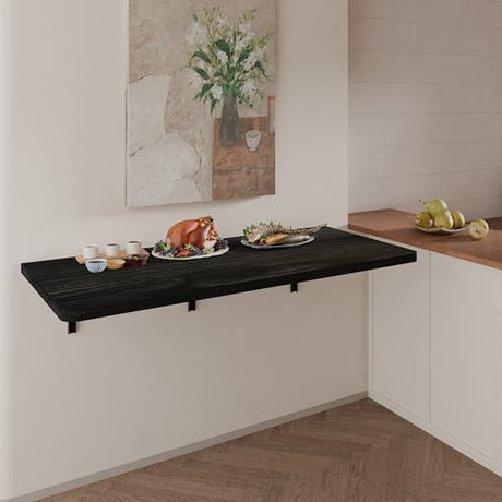 IAE Floating Wall Mounted Folding Table Desk with Pine Wood,48" x 22" Folding Workbench,Fold Down Wall Mounted Foldable Desk with Shelf Brackets,Laundry Table for Home,Dining,Office,Kitchen,Black IAE