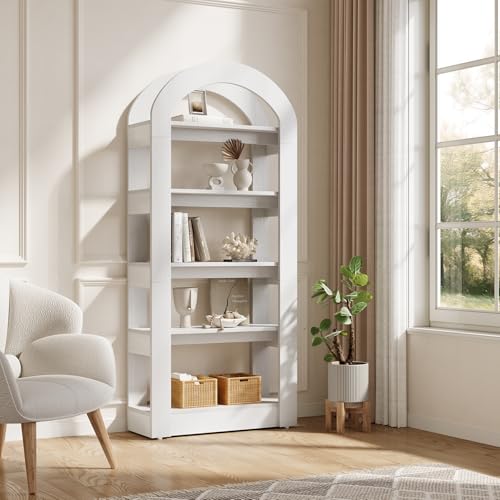 LITTLE TREE 5-Tier Bookshelf, Arch-Shaped Racks, Tall Standing Wooden Bookcase Display Shelf Modern Storage Solution (2, White) LITTLE TREE