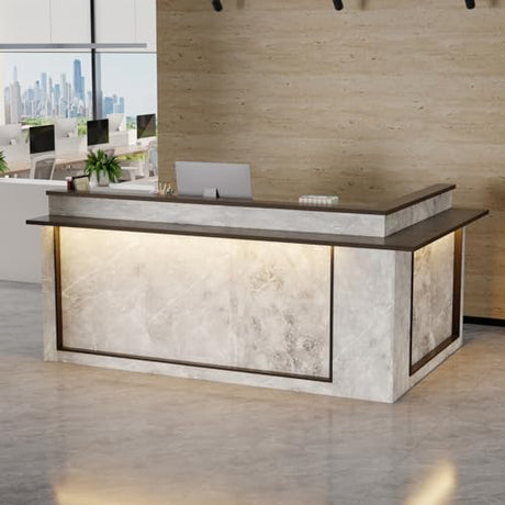 HOMSETTIE 94.5" W Reception Desk with Counter and LED Lights, Modern L-Shaped Front Desk with Drawer & Shelves, Checkout Counter for Reception Room, Retail, Salon, Bar HOMSETTIE