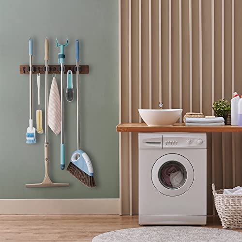 OUTNILI Mop Broom Holder Wall Mount Wood Broom Mop Hanger - Wall Mounted Garden Tool Rack Organizer for Closet Garage Laundry Room Kitchen Decor With 4 Slots & 4 Hooks OUTNILI