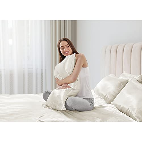 Madison Park Essentials Satin Sheet Set Luxury and Silky with Natural Sheen, Elastic 14" Pocket fits up to 16" Mattress, All Around Elastic - Year-Round Bedding, Full, Ivory, 6 Piece Madison Park