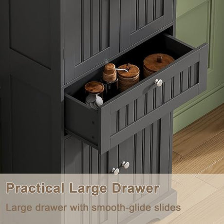 ChooChoo 51" H Tall Bathroom Floor Cabinet, Modern Bathroom Storage Cabinet with Drawer and Adjustable Shelves, Freestanding Kitchen Pantry Cupboard with 4 Doors for Living Room, Black ChooChoo