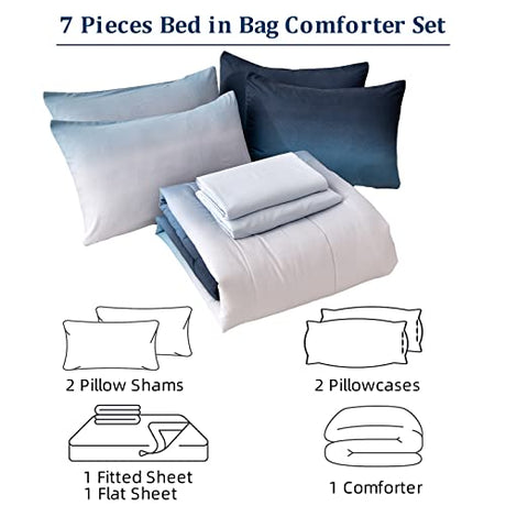 Anibedding Blue Comforter Set Queen - 7 Pieces Ombre Blue White Microfiber Bedding Set - All Season Down Alternative Light Ocean Sea Abstract Bed in a Bag for All Season (90" x90") Anibedding