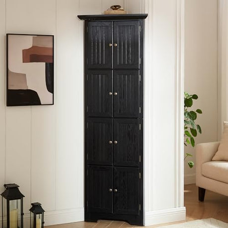TRJQBCC 72" H Farmhouse Corner Storage Cabinet with 8 Doors & 4 Shelves, 4 Tier Kitchen Corner Pantry Cabinet Wooden Organizer Case Bookshelf, Home Space Saver Cabinet for Kitchen,Living Room(Black) TRJQBCC