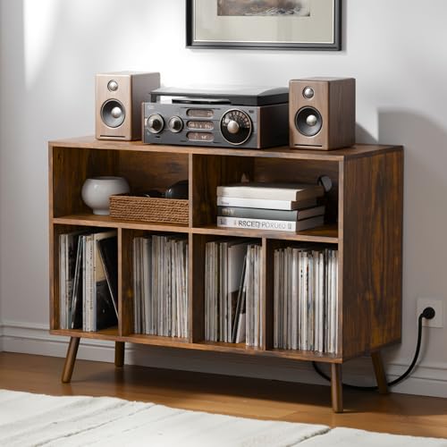 Cozy Castle Record Player Stand with Vinyl Storage Cabinet, Wood Turntable Table Open Shelf Holder Up to 350 Albums Cube Storage Organizer for Living Room, Office, Rustic Brown Cozy Castle