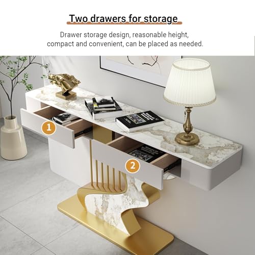 Half Moon Contemporary Console Table Slate Tabletop Black/Gold Luxury EntrywaySofa Table Long Narrow with Two Storage Drawers Creative Carbon Steel Base Decorative(Gold A,140cm/55.1IN) YITAYMLI