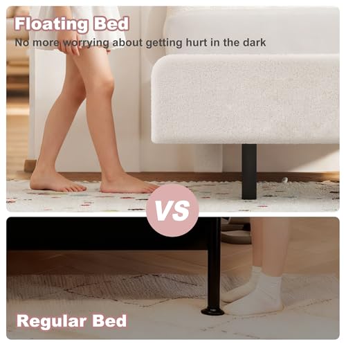 Decofy Cookie Twin Upholstered Bed Frame with LED Lights, Floating Bed Frames with Adjustable Headboard and Raised Footboard for Princess/Prince Bedroom, Teddy Velvet（White） Decofy