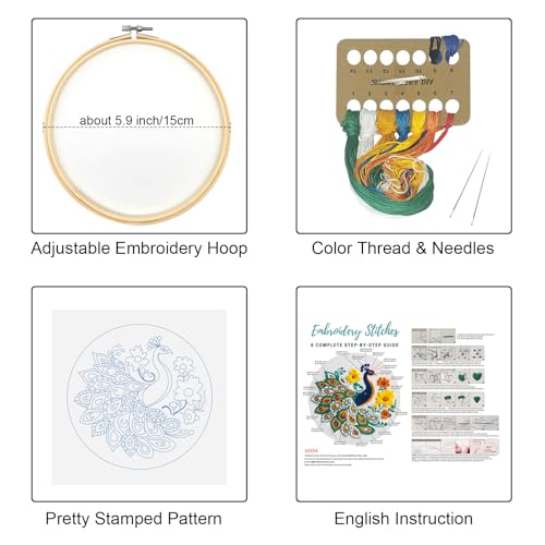 Louise Maelys Peacock Flower Embroidery Kits for Beginners,Cross Stitch Kit for Adults,DIY Needlepoint Kits Including Embroidery Hoop,Instruction and Threads
