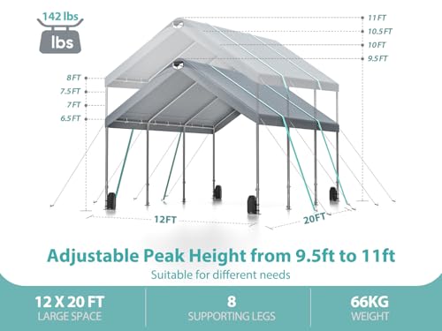 12*20 Heavy Duty Carport Canopy - Extra Large Portable Car Tent Garage with Adjustable Peak Height from 9.5ft to 11ft,Metal Roof &Side Walls for Car, SUV,Boats&Truck Party Tent Shelter Logic Storage WoodArtSupply