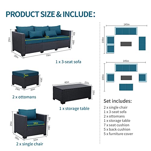 Rattaner Patio Furniture Set 6 Pieces Couch Outdoor Chairs Coffee Table Peacock Blue Anti-Slip Cushions and Waterproof Covers Rattaner