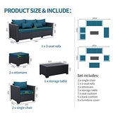 Rattaner Patio Furniture Set 6 Pieces Couch Outdoor Chairs Coffee Table Peacock Blue Anti-Slip Cushions and Waterproof Covers Rattaner