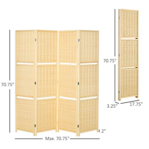 HOMCOM 4-Panel Folding Room Divider, 6 Ft Freestanding Bamboo Privacy Screen Panel with Storage Shelves for Bedroom or Office, Natural Wood Color HOMCOM
