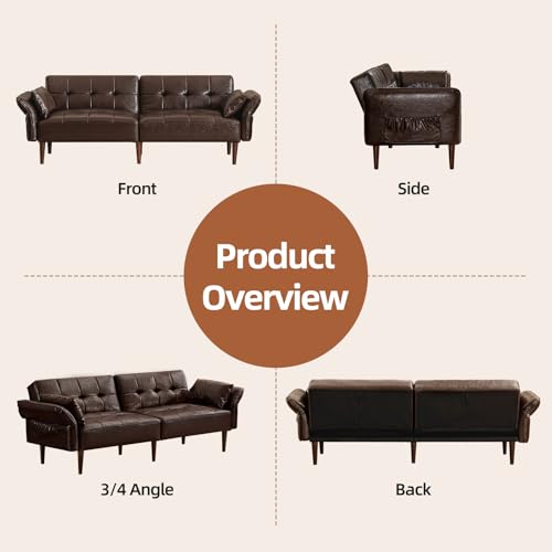 HALLYBEE 85” Futon Sofa Bed, Sleeper Sofa, Small Couch with Storage Adjustable Armrests Pillows, Faux Leather Loveseat, Mid Century Modern Couches for Living Room, Bedroom, Apartment, Coffee Brown HALLYBEE