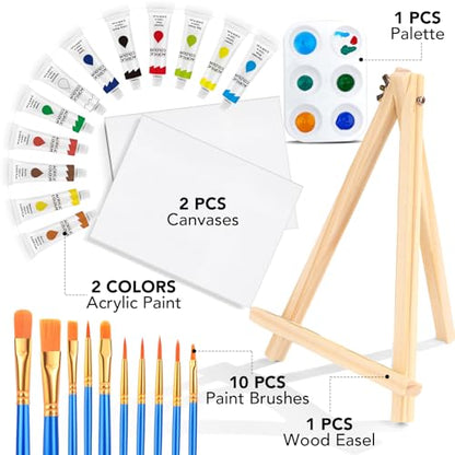 ESRICH 26PCS Acrylic Paint Set with 12Colors Acrylic Paints (12ml, 0.4 oz), 10 Paint Brushes, 2Canvas, 1 Wood Easel, 1 Plate, Painting Supplies Kits for Kids, Adults, Artists and Beginners - WoodArtSupply