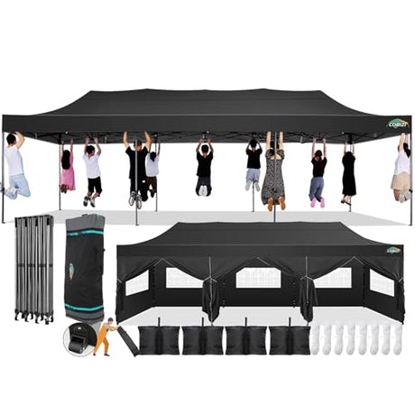 COBIZI 10x30 Pop Up Canopy with 8 Sidewall,Heavy Duty UPF 50+ All Season Wind Waterproof Commercial Outdoor Wedding Party Tents for Parties Canopy Gazebo with Roller Bag(10 x 30 ft Black) COBIZI
