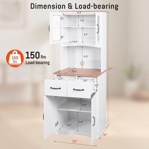 GORZING 67" Kitchen Pantry Cabinet with Glass Doors & Drawers, Adjustable Shelves, Anti-Tip, Space-Saving Microwave Stand for Small Kitchens GORZING
