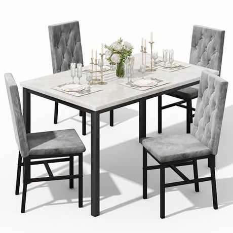 Hooseng Dining Table Set for 4, Faux Marble Small Kitchen Table Chairs Set of 4 with Luxurious Button Tufted Dinner Chairs for Kitchen and Dining (Beige) Hooseng