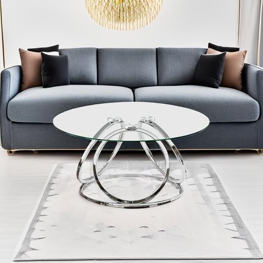 O&K FURNITURE Silver Coffee Table, Modern Glass Coffee Table Living Room Table with Ring-Shaped Frames, Glass Coffee Table for Home&Office, Chrome Finish, 1 PC O&K FURNITURE