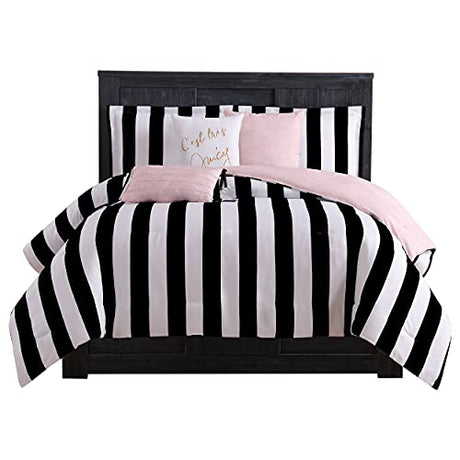 Juicy Couture Cabana Stripe Reversible Bedding Set - Queen Size - Black and White Stripe Print – 6 Piece Set – Includes 1 90" x 90" Comforter, 3 Decorative Pillows, 2 Shams Juicy Couture