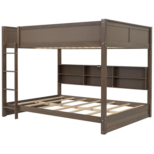 Merax Queen Over Queen Bunk Bed with Storage Cabinets and USB Ports, Antique Wood Merax