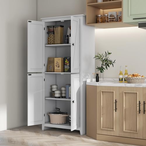 HOMCOM 72" Freestanding Kitchen Pantry Cabinet, Farmhouse Tall Storage Cabinet with 4 Door Cabinets and Adjustable Shelves for Dining Room, White HOMCOM