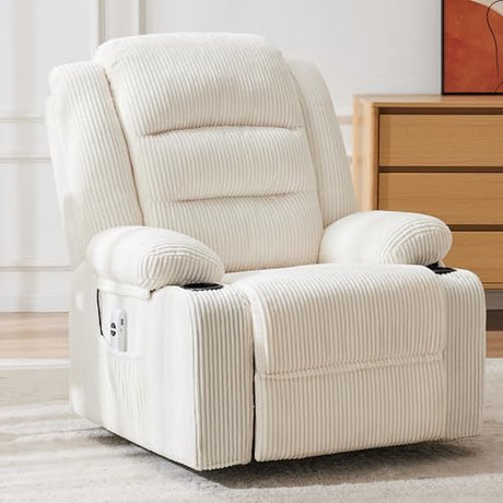 Hicosit Power Pushback Recliner with Cup Holders, Electric Recliner Chair for Adults, Reclining Chair with Side Pocket for Living Room (1, Stripe White) Hicosit