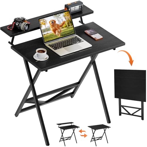 WOHOMO Folding Computer Desk with Adjustable Height, 23.6" x 31.5" x 25.6" Foldable Table with Monitor Stand, Small Office Desk for Bedroom, Space Saving Desk for Home Office, Easy Assemble, Black WOHOMO