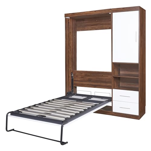 Harper & Bright Designs Twin Size Murphy Bed Frame with Storage Shelves and Drawer, Modern Wall Bed Can Be Folded into a Cabinet, Wood Twin Size Wall Bed for Guest Room Home Office, White & Walnut Harper & Bright Designs