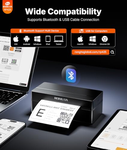 Rongta Bluetooth Shipping Label Printer, Wireless 4x6 Thermal Label Printer for Shipping Packages, Support Android, iPhone, Widely Used for Amazon, Ebay, Shopify, Etsy, UPS, Black Rongta