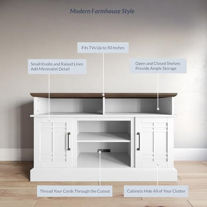 BELLEZE Modern 48" Farmhouse Wood TV Stand & Media Entertainment Center Console Table for TVs up to 50 Inch with Open Storage Shelves & Cabinets - Norrell (White)