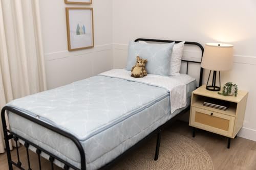 Beddy's Bow & Ribbon Themed Durable Zipper Bedding for Kids, Bed in a Bag, Baby Blue Comforter & White Pinstripe Sheets, Includes Pillowcase & Pillow Sham, Easy to Make & Wash Beddy's