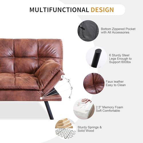 MUUEGM Faux Leather Futon Bed, Convertible Memory Foam Sofa Bed, Modern Love Seat for Living Room,Compact Space,Apartment,Office,Adjustable Backrests Armrests Couch Sleeper,71" Sofas, Brown MUUEGM