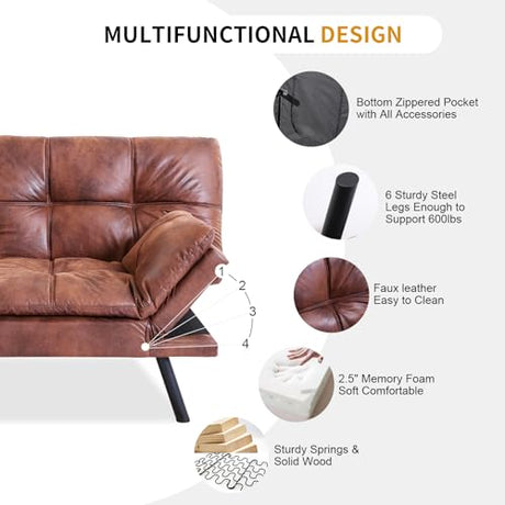 MUUEGM Faux Leather Futon Bed, Convertible Memory Foam Sofa Bed, Modern Love Seat for Living Room,Compact Space,Apartment,Office,Adjustable Backrests Armrests Couch Sleeper,71" Sofas, Brown MUUEGM