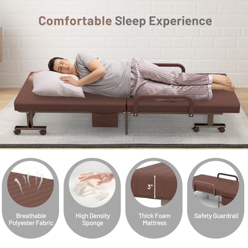 KOMFOTT Folding Rollaway Bed with Mattress for Adults, Portable Guest Bed with 6 Positions Adjustable Backrest, Foldable Reinforced Steel Frame Rolling Bed with Side Storage Pocket KOMFOTT