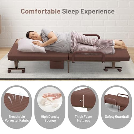 KOMFOTT Folding Rollaway Bed with Mattress for Adults, Portable Guest Bed with 6 Positions Adjustable Backrest, Foldable Reinforced Steel Frame Rolling Bed with Side Storage Pocket KOMFOTT