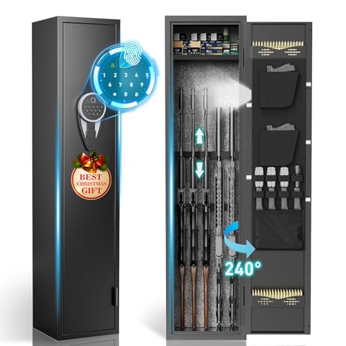 3-5 Large Gun Safe for Rifle and Pistols,Fingerprint Gun Cabinet for Rifle and Shotguns with Multi-function Panel and Pistol Pouches,Shotgun Shell Holder,Gun Cabinet with LED&Dual Alarm and Mute Mode