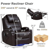IBTKIG Power Swivel Rocker Recliner with Dual Motor, 240° Electric Glider Recliner with Heat & Massage, Rocking Chair Theater Seating with LED/Lumbar Pillow/USB Port/Cup Holders（Faux Leather Brown, 1）
