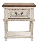 Signature Design by Ashley Realyn Traditional Cottage 1 Drawer Nightstand with Dovetail Construction & Open Display Shelf, Chipped White, Distressed Brown Signature Design by Ashley