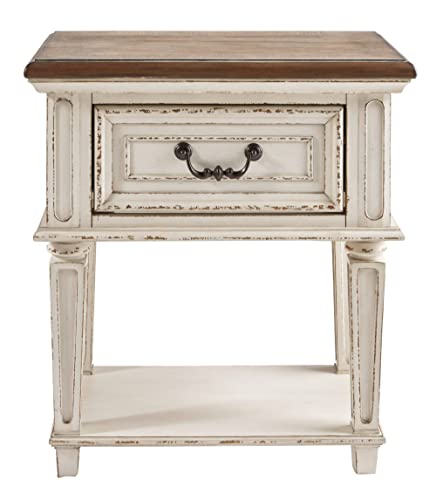 Signature Design by Ashley Realyn Traditional Cottage 1 Drawer Nightstand with Dovetail Construction & Open Display Shelf, Chipped White, Distressed Brown - WoodArtSupply