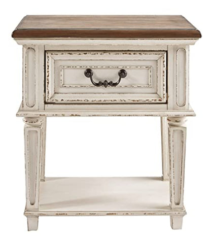 Signature Design by Ashley Realyn Traditional Cottage 1 Drawer Nightstand with Dovetail Construction & Open Display Shelf, Chipped White, Distressed Brown - WoodArtSupply