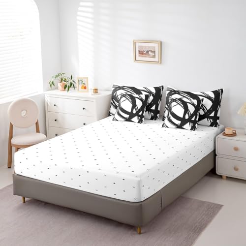 7Pcs Black and White Abstarct Bed in A Bag Full for Adult Women Men, Geometric Striped Comforter Set for Minimalists,Graffiti Aesthetic Lines Bedding Set,Contemporary Boho Modern Bed Sheets Erosebridal