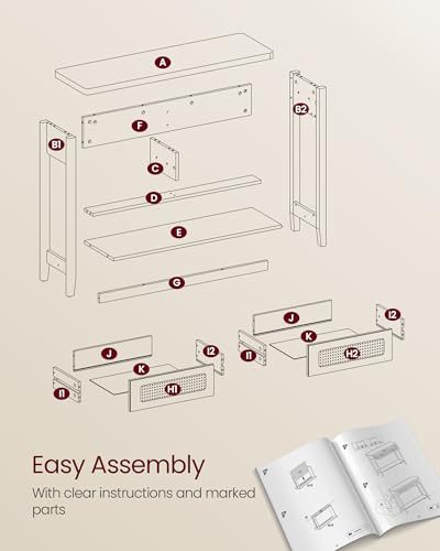 VASAGLE Console Sofa Table, Narrow Entryway Table, 2 Drawers, Open Storage Shelf, Rounded Corners, for Living Room, Boho Style, Oak Beige ULNT016YC01S VASAGLE