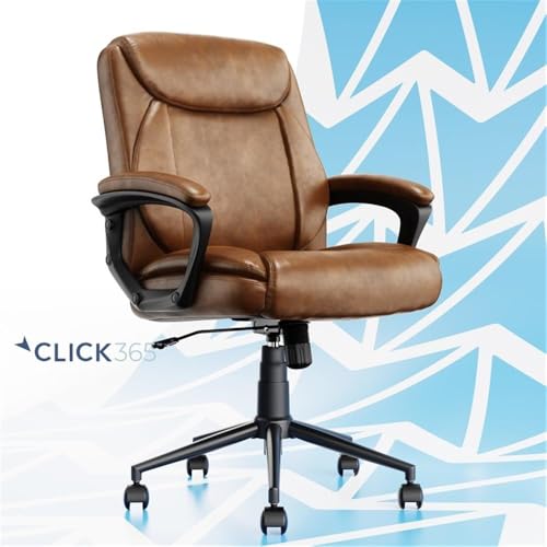Click365 Transform 1.0 Extra Comfort Ergonomic Mid Back Desk Chair, with Padded armrests, Adjustable-Height, Tilt, Lumbar Support, Bonded Leather, Cognac Click365