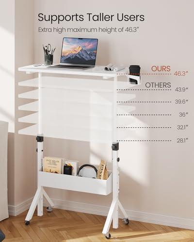 ErGear Mobile Standing Desk with Wheels, Adjustable Height 28.3″ to 46.3″, Rolling Laptop Cart with Cup Holder, Storage Basket, Computer & Pen Slot, Home Office Stand Up Desk, White (31.5″ x 15.75″) ErGear