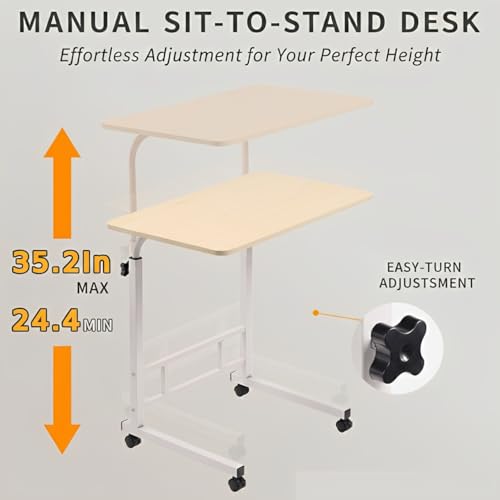 Japard Small Desk on Wheels, Mobile TV Tray Table Rolling Desk for Bed Sofa, Adjustable Height 23.6" Wide C-Shape Loadable 66lbs (White, 66 lbs Loadable) Japard